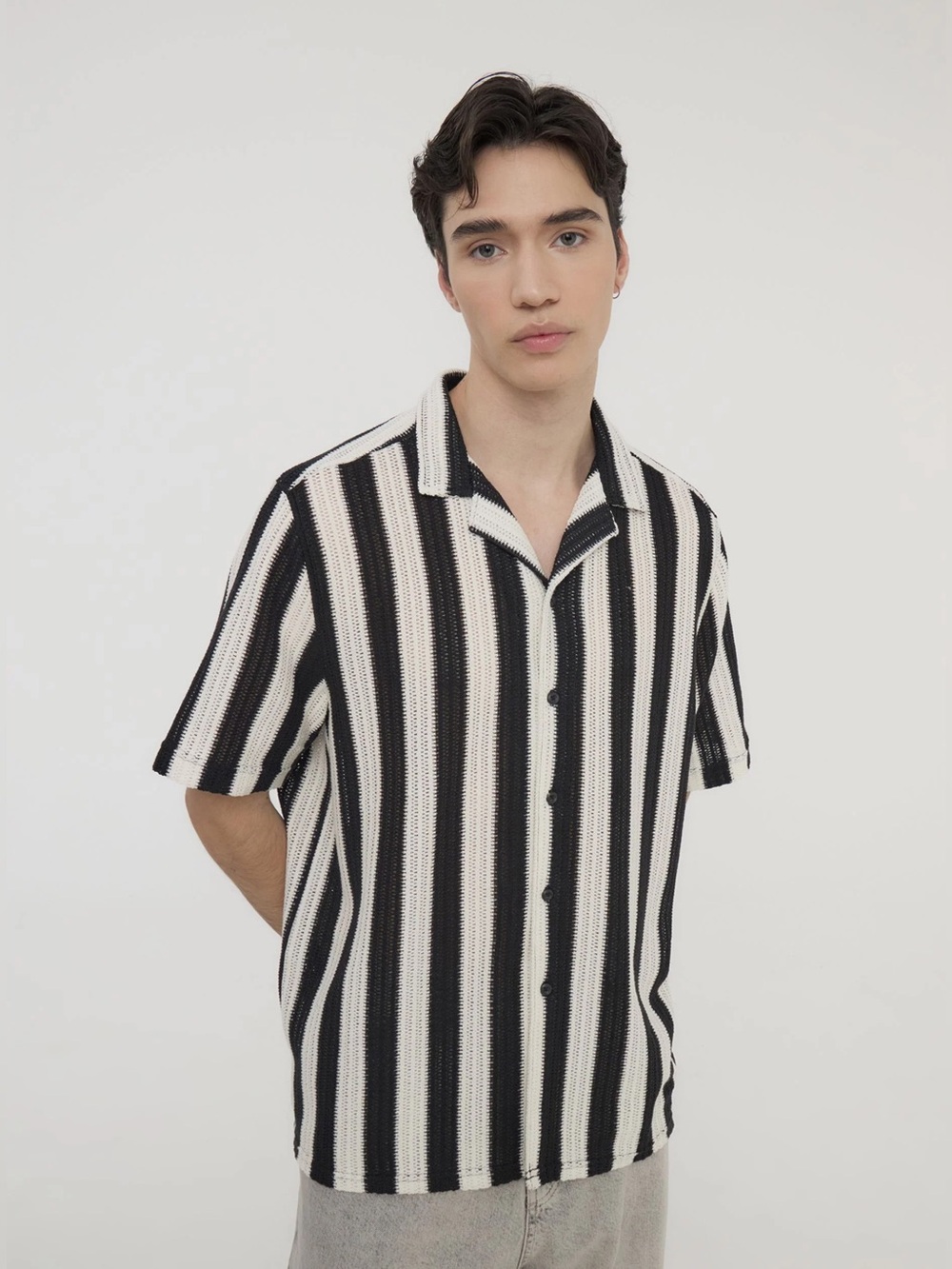 Primark Black & White Striped Crochet Button Up Shirt Size Large